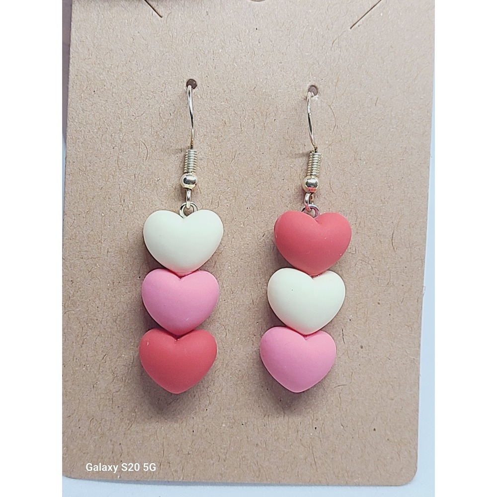 Handmade Cute Heart Dangle Earrings Pastel Colors Pink White Red Handmade Gift